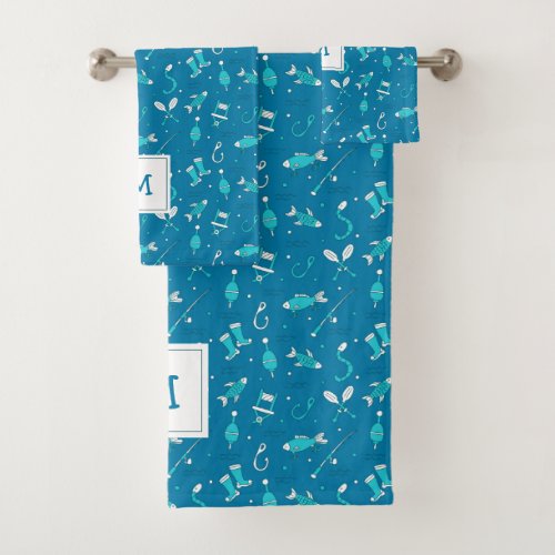 Blue Fishing Seamless Pattern Monogrammed Bath Tow Bath Towel Set
