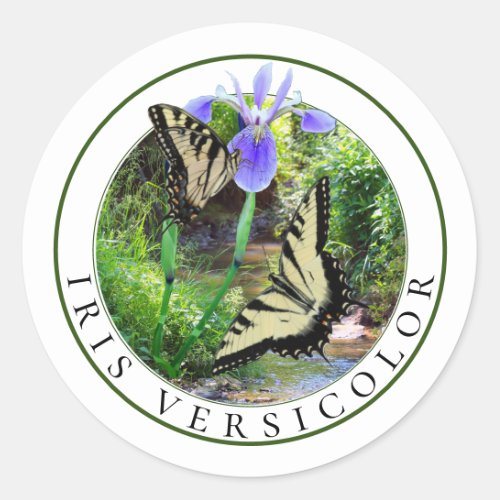 Blue Flag Iris and Tiger Swallowtail Butterfly Classic Round Sticker