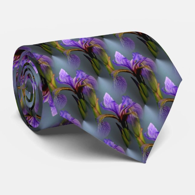 Blue Flag Iris Flower Nature Pattern Neck Tie (Rolled)