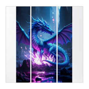 Blue Flame Dragon – Fantasy Metal Wall Art" Triptych