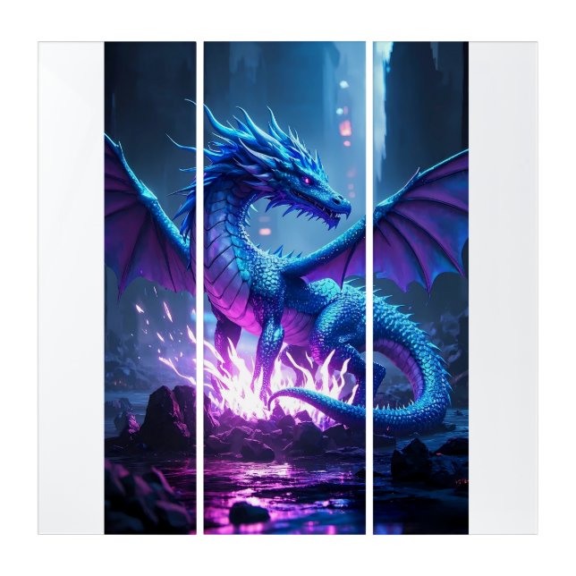Blue Flame Dragon – Fantasy Metal Wall Art" Triptych (Front)
