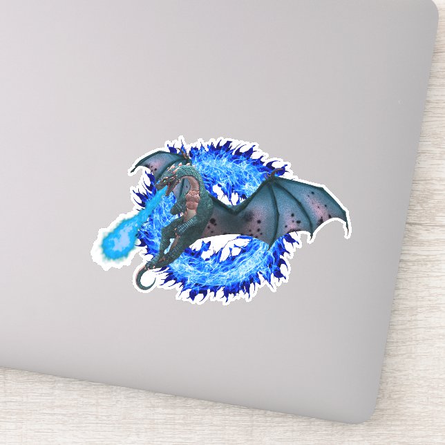 Blue Flame Fire Breathing Dragon Fantasy Sticker (Detail)