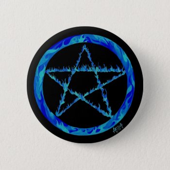 Blue Flame Pentacle Button by Lyreck at Zazzle