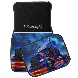 Blue Flame Semi Truck Night Car Floor Mat