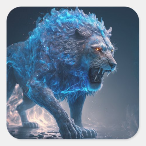 Blue Flames Fire Lion Square Sticker