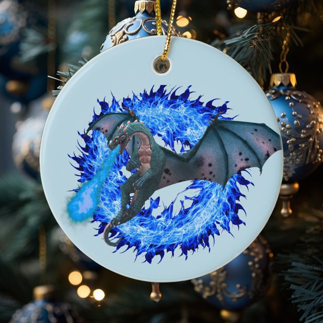Blue Flaming Fantasy Dragon Ceramic Ornament (Creator Uploaded)