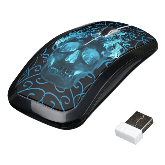 Blue Flaming Fire Skull Wireless Mouse (Angled)