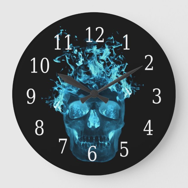 Blue Flaming Skull Round Clock (Front)