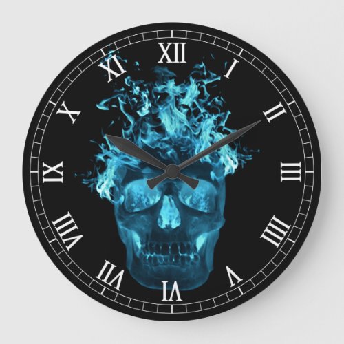 Blue Flaming Skull Round Roman Numerals Clock