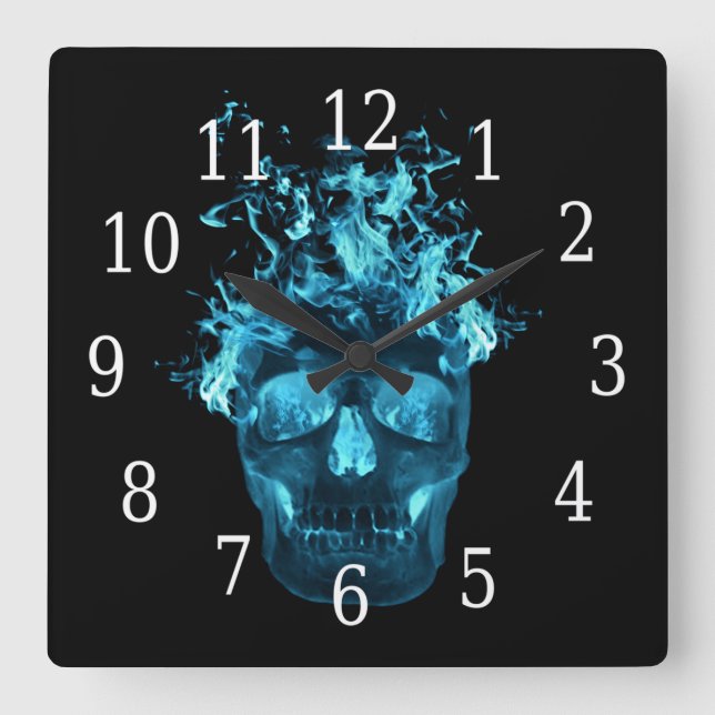 Blue Flaming Skull Square Clock (Front)