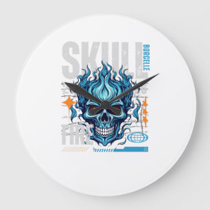 Blue Flaming Skull Streetwear Design   Cyberpunk G Large Clock