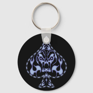 Blue Flaming Spade Skull Keychain