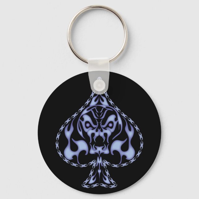 Blue Flaming Spade Skull Keychain (Front)