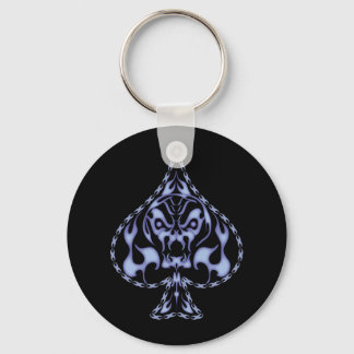Blue Flaming Spade Skull Keychain