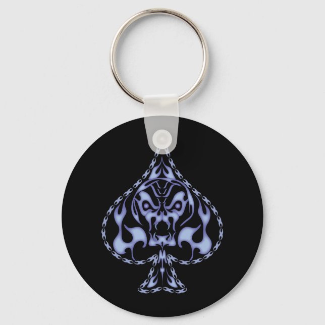 Blue Flaming Spade Skull Keychain (Front)