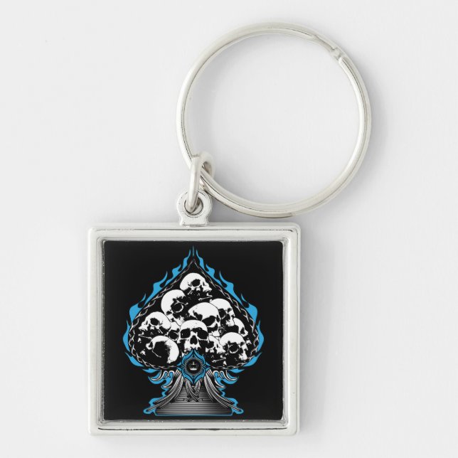 Blue Flaming Spade with Skulls Keychain (Front)