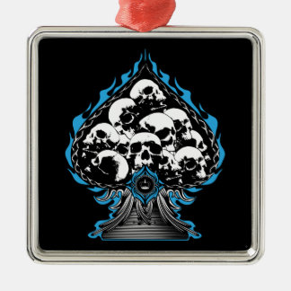 Blue Flaming Spade with Skulls Metal Ornament