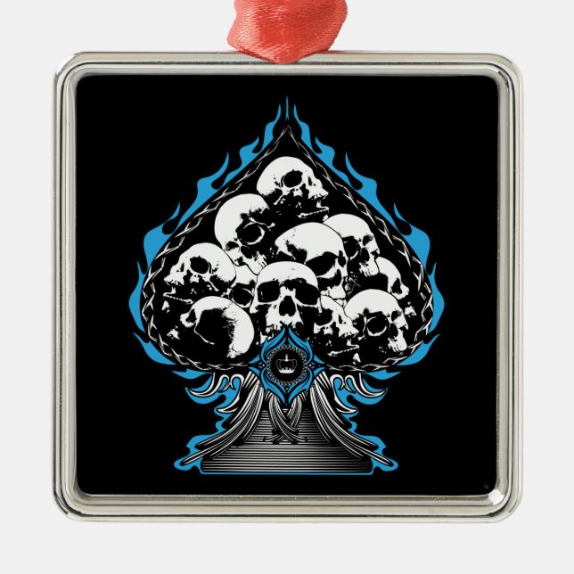 Blue Flaming Spade with Skulls Metal Ornament (Front)