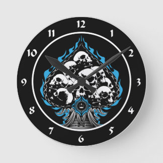 Blue Flaming Spade with Skulls Round Clock