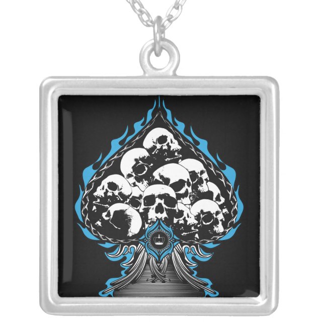 Blue Flaming Spade with Skulls Silver Plated Necklace (Front)