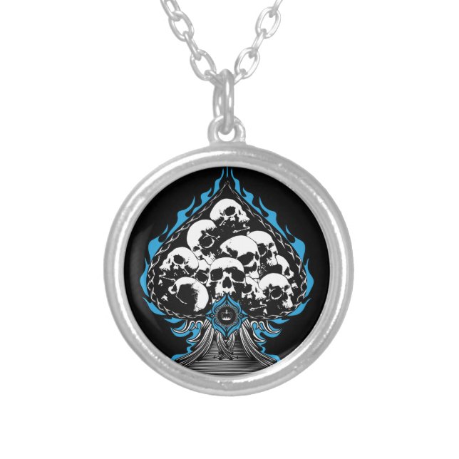 Blue Flaming Spade with Skulls Silver Plated Necklace (Front)