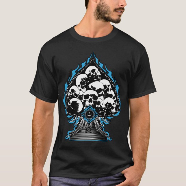 Blue Flaming Spade with Skulls T-Shirt (Front)
