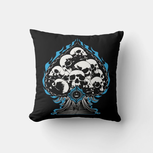 Blue Flaming Spade with Skulls Throw Pillow (Front)