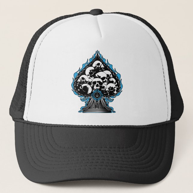 Blue Flaming Spade with Skulls Trucker Hat (Front)