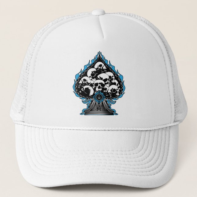 Blue Flaming Spade with Skulls Trucker Hat (Front)