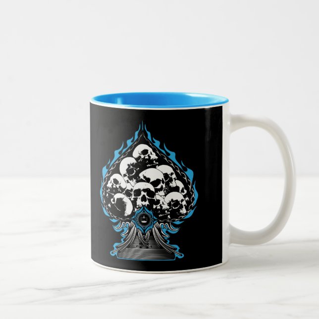 Blue Flaming Spade with Skulls Two-Tone Coffee Mug (Right)