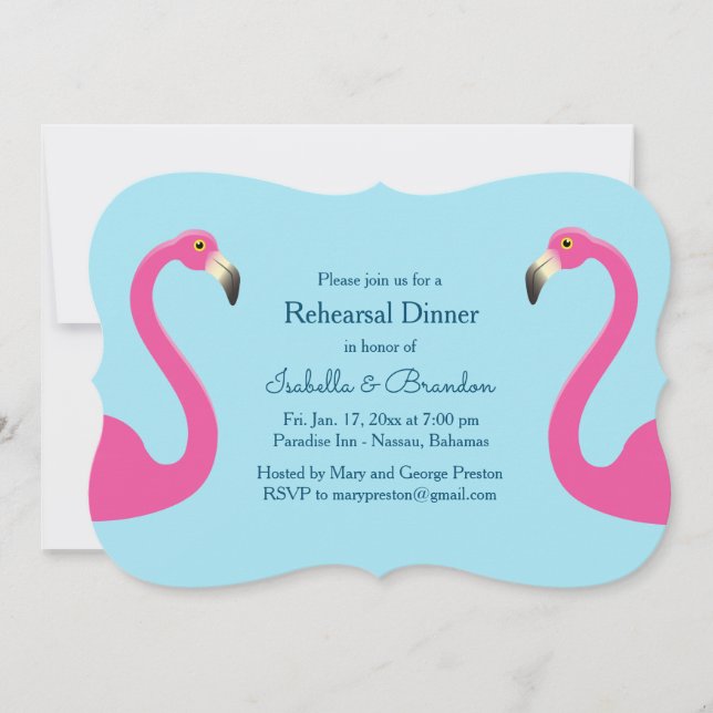 Blue Flamingo Beach Rehearsal Dinner Invitation (Front)