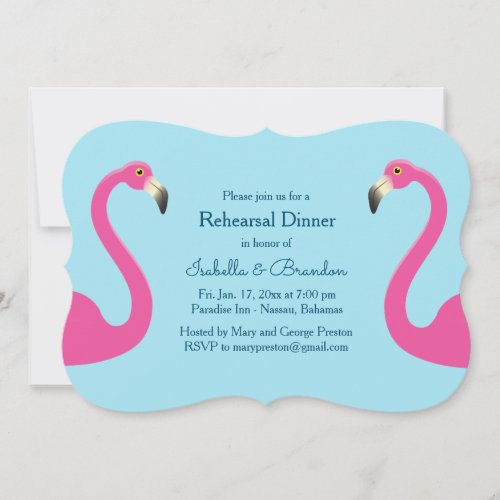 Blue Flamingo Beach Rehearsal Dinner Invitation