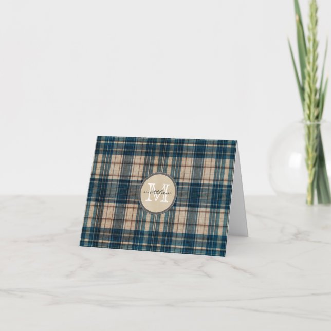 Blue Flannel Background Monogram Note Card (Front)