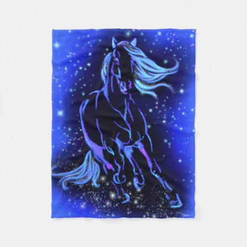 Blue Fleece Blanket Horse Running At Starry Night 