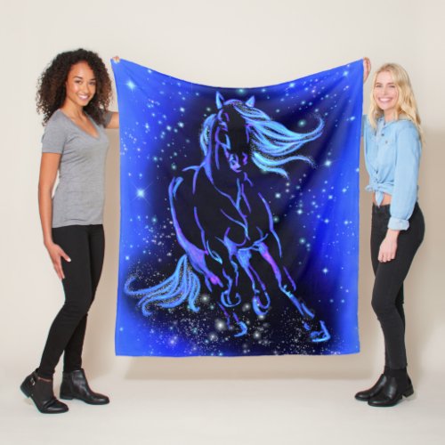 Blue Fleece Blanket Horse Running In Moonlight