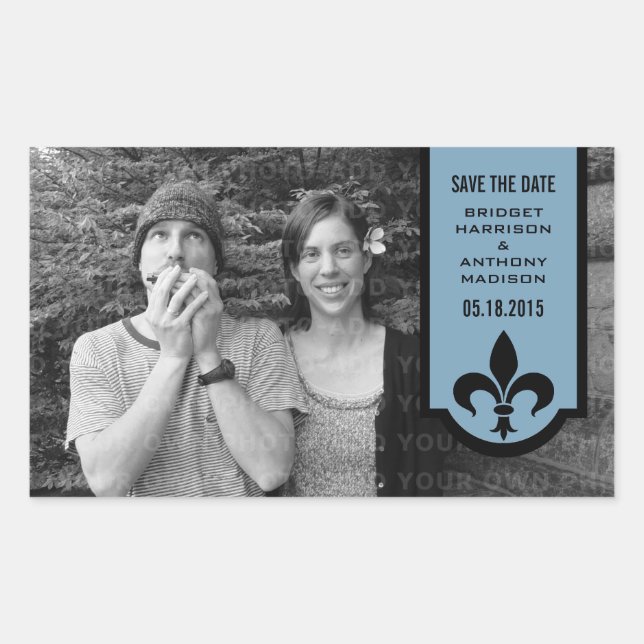 Blue Fleur De Lis Banner Save the Date Stickers (Front)