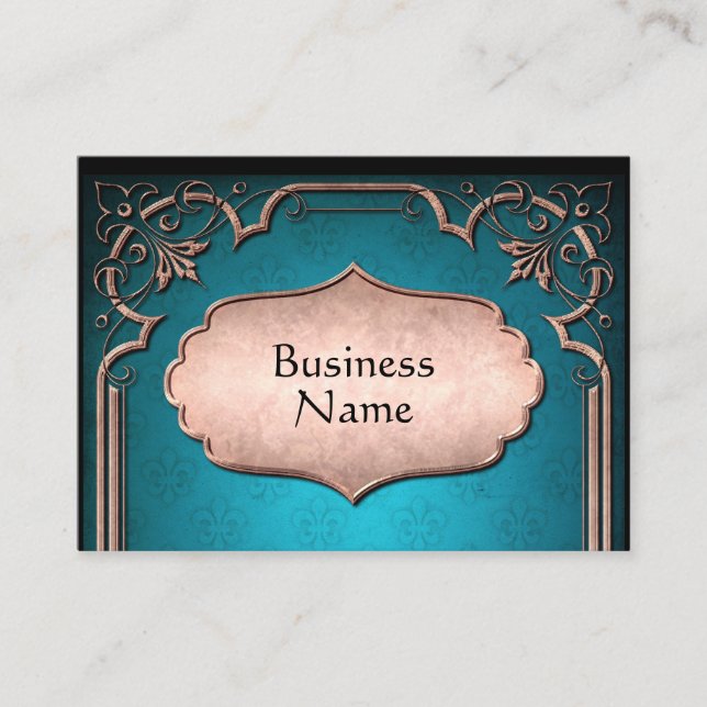 Blue fleur de lis bronze victorian damask business card (Front)