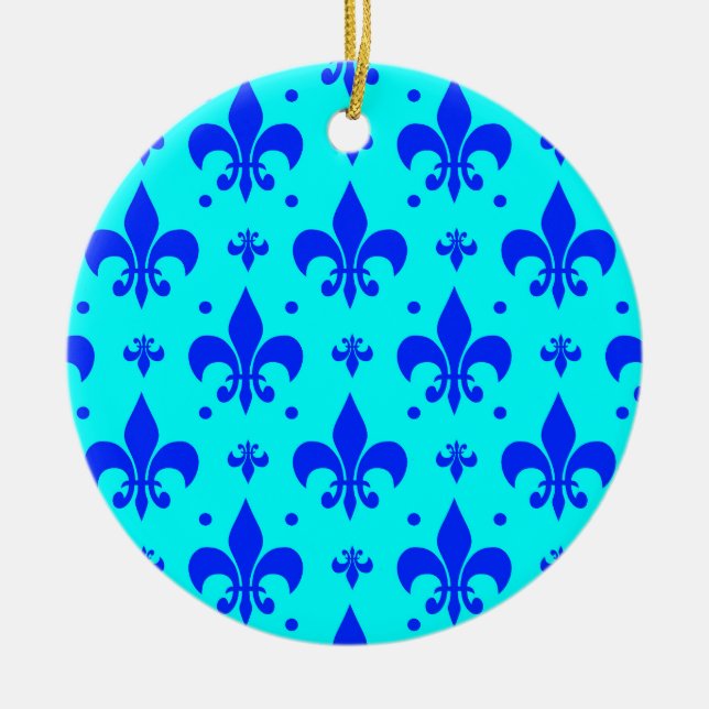 Blue Fleur-de-lis Pattern Design  Ceramic Ornament (Front)