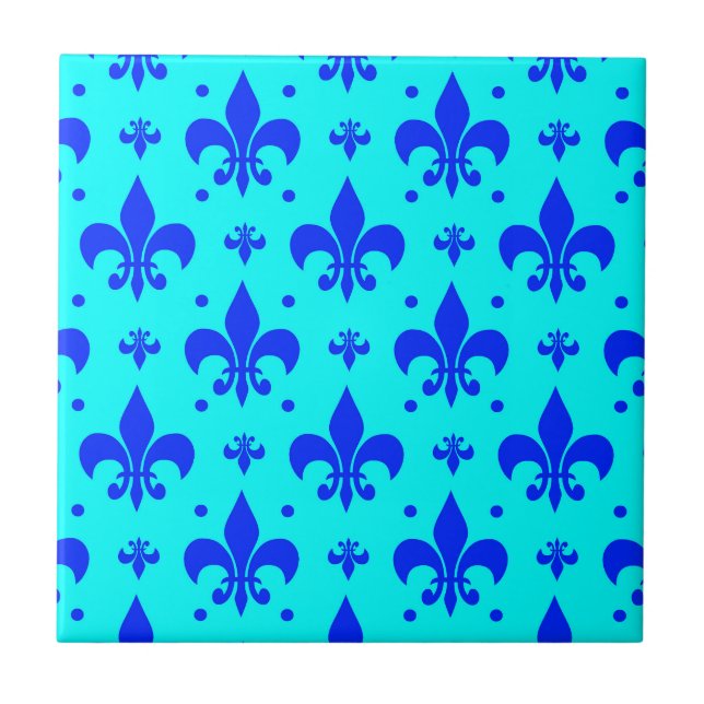 Blue Fleur-de-lis Pattern Design  Ceramic Tile (Front)