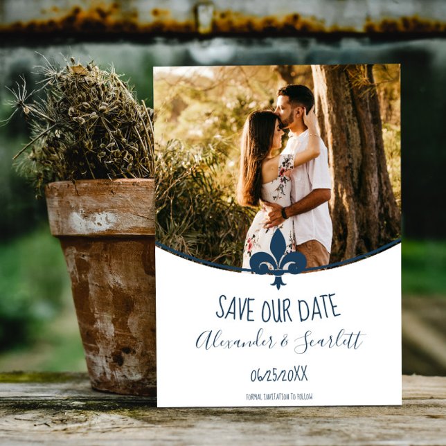 Blue Fleur de Lis Photo Save The Date Announcement (Blue Fleur de Lis Photo Save the Date)