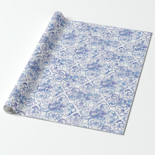 Blue Fleur de Lis Watercolor Pattern Wrapping Paper