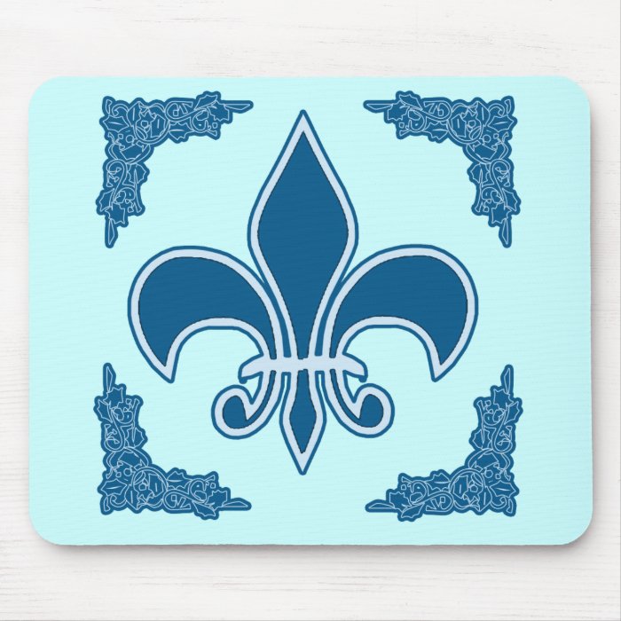 Blue Fleur de Lis with Ornate Border Mouse Pad