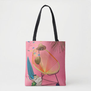 Blue flip-flop beside chair tote bag