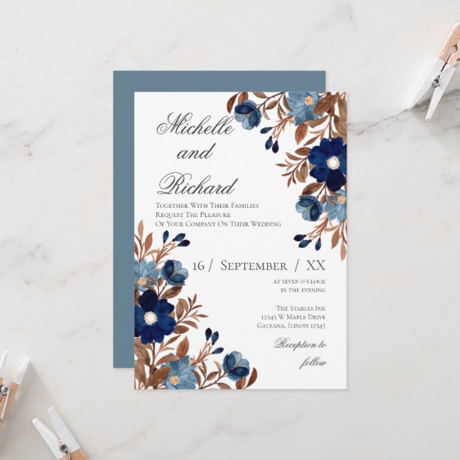 Blue Flora Wedding Invitation (Front/Back In Situ)