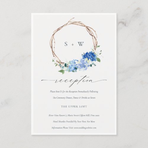  Blue Flora Wreath Monogram Wedding Reception Enclosure Card