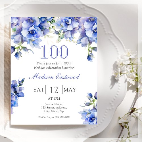  Blue Floral 100th Birthday Budget Invitation