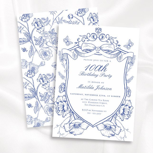 Blue Floral 100th Birthday Party Invitation (Blue Floral 100th Birthday Party Invitation)