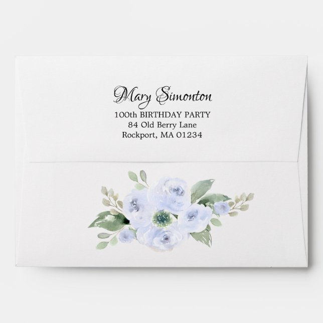Blue Floral 100th Birthday Party Invitation Envelope (Back (Top Flap))
