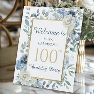 Blue Floral 100th Birthday Party Welcome Pedestal Sign