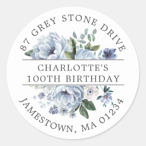 Blue Floral 100th Birthday Return Address Label